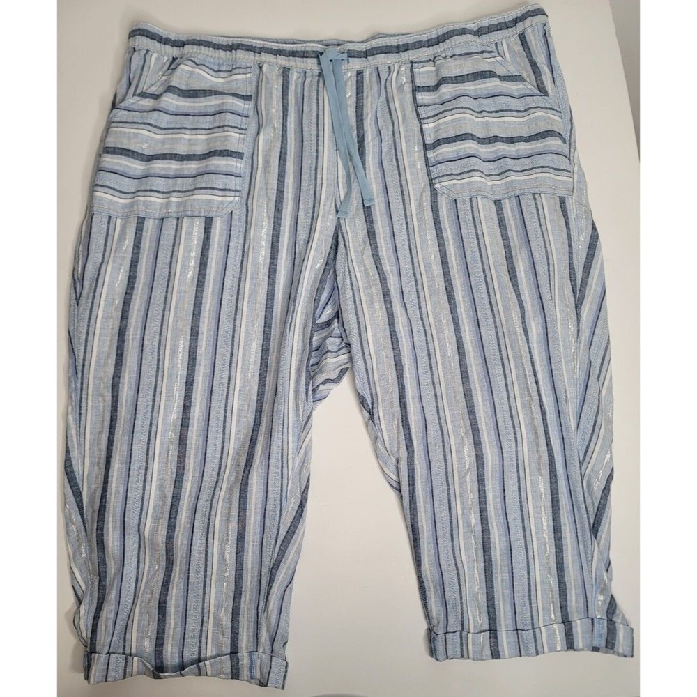 Lane Bryant Womens Sz 24 Mid Rise Capri Linen Blend Cropped Blue Pants Striped